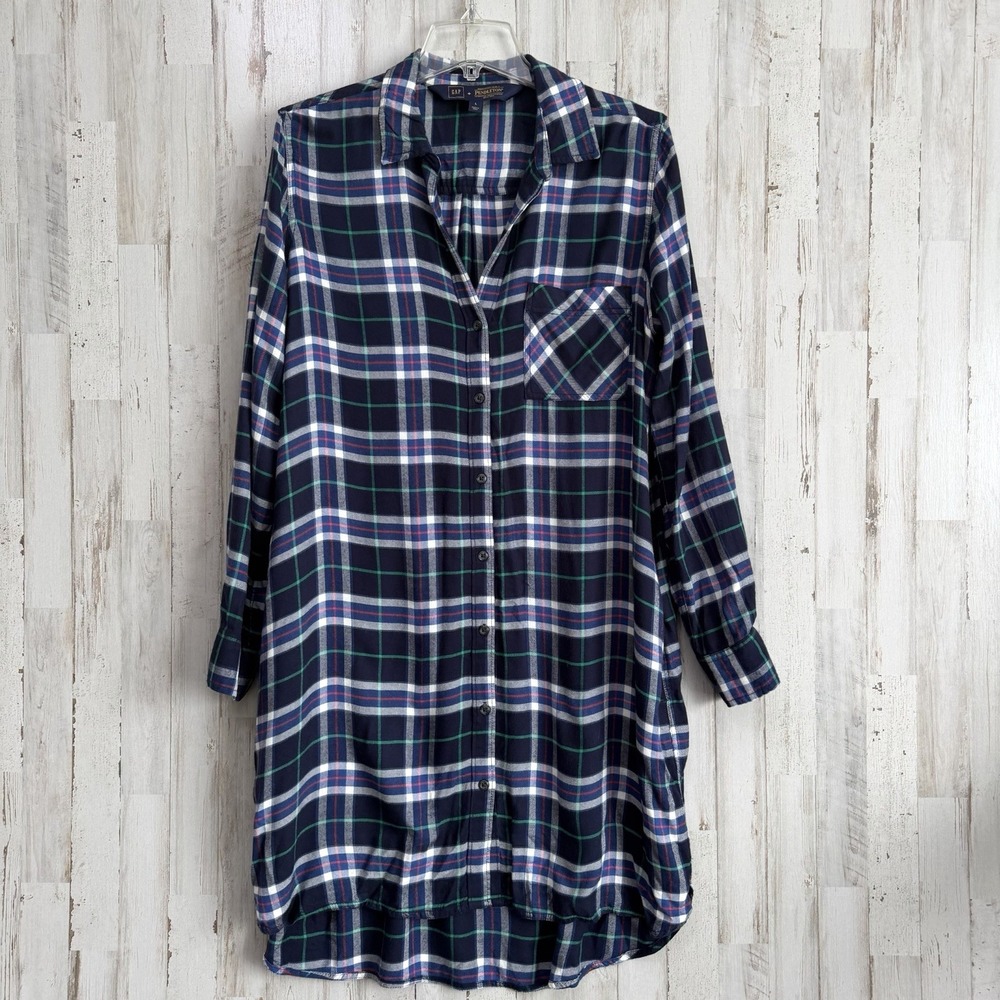 PENDLETON X GAP Long Sleeve Navy Plaid T Shirt‎ Dress L Button Front No Belt